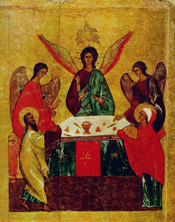 Святая Троица Holy Trinity, a part of a quadripartite icon from Novgorod (first half of the 15th c.), 